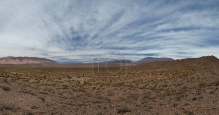 Foto de Un paisaje desolado. Vista panorámica del árido desierto, arena, vegetación y montañas en el horizonte bajo un hermoso cielo azul con nubes. - Imagen libre de derechos