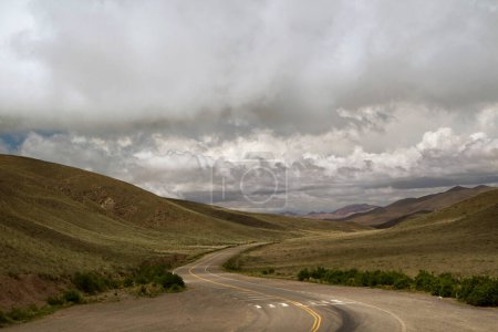 Foto de Camino de campo. Curva de asfalto a través de la pradera dorada en otoño. Pastizales y colinas amarillas bajo un cielo nublado. - Imagen libre de derechos