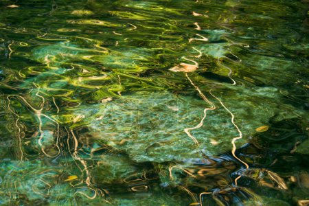 Photo for Natural texture. Jungle natural pond. Closeup view of the emerald color water cenote with rocks in the bed. The transparent water surface reflects sunlight. - Royalty Free Image