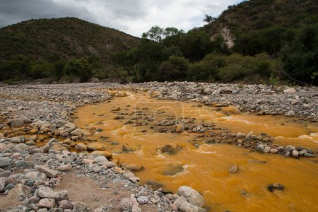 Téléchargez les photos : Rivière jaune appelée rivière de l'or en raison de la présence de fer dans l'eau, coulant à travers la vallée rocheuse, la forêt et les montagnes à La Rioja, Argentine. - en image libre de droit