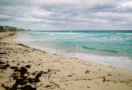 Foto de Playa tropical en un día nublado. Vista de la costa de arena blanca, sargassum gulfweed, mar de color turquesa, olas marinas y costa en Cancún, México. - Imagen libre de derechos