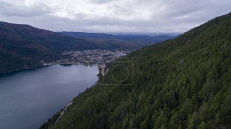 Photo for The forest at nightfall. Aerial view of the pine tree woodland, foliage, lake, mountains and city San Martin de los Andes, Patagonia Argentina. - Royalty Free Image