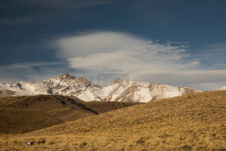 Téléchargez les photos : Paysage idyllique. Vue sur la vallée, prairie dorée et chaîne de montagnes avec des sommets enneigés. - en image libre de droit