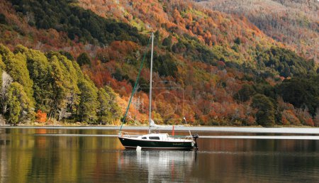 Téléchargez les photos : Couleurs d'automne, Voilier sur l'eau calme du lac, entouré de montagnes et de forêt en automne - en image libre de droit