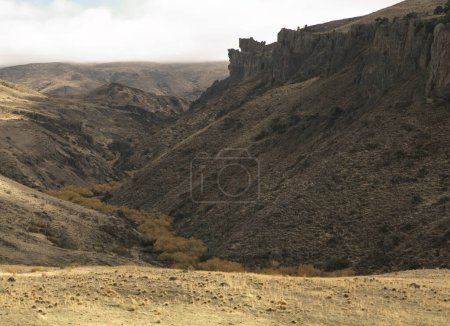 Téléchargez les photos : Paysage idyllique de Patagonie. Région rurale. Prairie dorée en automne. Belle vallée et montagnes rocheuses. Prairies jaunes. - en image libre de droit