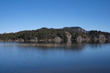 Téléchargez les photos : Vue panoramique sur le lac serein et la forêt par une journée d'été ensoleillée. Bel environnement et reflet bleu profond du ciel à la surface de l'eau. - en image libre de droit