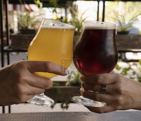 Téléchargez les photos : Deux femmes grillent avec une bière ambre et une bière blonde en plein air. - en image libre de droit