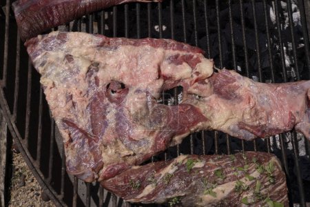 Téléchargez les photos : Barbecue. Vue de dessus des coupes de viande rouge, de porc et de veau, grillées à l'extérieur. - en image libre de droit