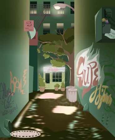 Illustration for A city alleyway that leads to a secret cafe - Royalty Free Image