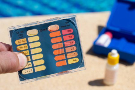 Photo for Complete kit for pH and chlorine levels analysis of pool water. Swim hygiene concept. - Royalty Free Image
