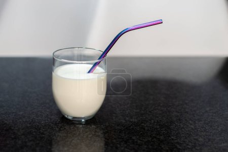 Photo for Stainless metal straw, reusable in a milk glass. Plastic free concept - Royalty Free Image