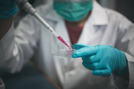 Foto de Primer plano de un investigador médico que usa una micropipeta para agregar gotas de líquido de medicamento rojo desarrollado. - Imagen libre de derechos