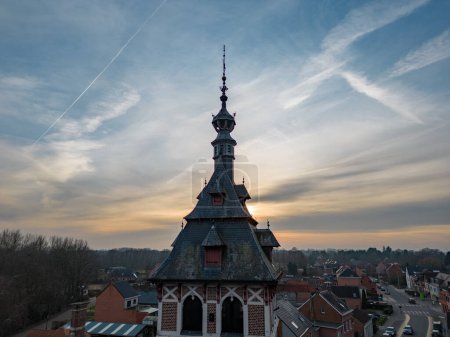 Photo for Emblem, Ranst, Belgium, 15th of February, 2023, Old Town Hall of Emblem, in the dorpstraat of the Little village of Emblem, in the Antwerp area aerial photo during evening sunset, showing the houses - Royalty Free Image