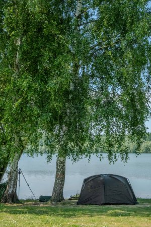 Téléchargez les photos : L'image représente une scène de camping sereine au bord d'un lac tranquille, avec une tente sombre en forme de dôme nichée entre les arbres à écorce blanche. C'est un cadre paisible qui parle aux joies des aventures en plein air - en image libre de droit