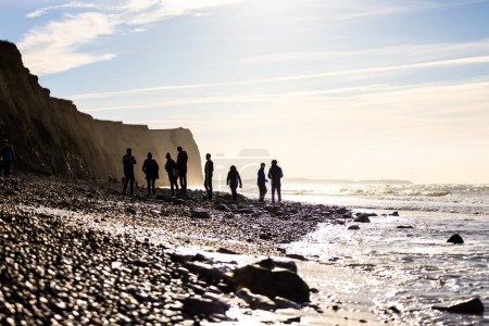 Téléchargez les photos : Cette photographie capture un groupe diversifié de personnes explorant une plage parsemée de galets à l'heure d'or, avec le soleil bas dans le ciel projetant de longues ombres et une lumière chaude. La falaise face à gauche ajoute un - en image libre de droit