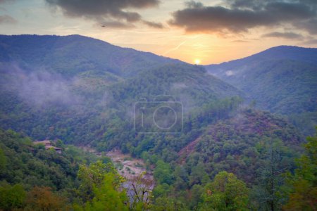 Une aube sereine se lève sur les vallées luxuriantes de l'Ardèche française, avec une brume qui roule doucement sur les collines boisées. Le soleil levant jette un coup d'oeil à travers les nuages épars, projetant une lueur chaude et