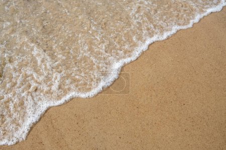 Téléchargez les photos : Cette image rapprochée capture magnifiquement le moment délicat où un bord mousseux des vagues rencontre le rivage lisse et sablonneux. Les mousses aux motifs complexes et les granules fins de sable sont très détaillés - en image libre de droit