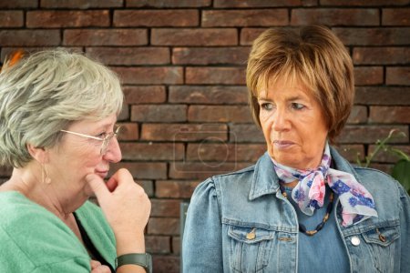 Photo for The image captures a moment between two senior women deeply engaged in conversation. The woman on the left, wearing glasses and a green cardigan, appears to be making a point or sharing something - Royalty Free Image