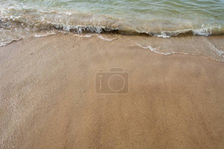 This image captures the simplicity and calmness of gentle waves lapping against a sandy shore. The clear water transitions from a deeper greenish hue to a lighter tone as it meets the sand, indicative