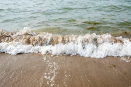 Das Bild fängt die dynamische Interaktion zwischen Meer und Küste ein, wenn eine Welle auf den Sandstrand kracht. Das schaumige Weiß der Welle kontrastiert mit dem trüben Grün des Küstenwassers, das die