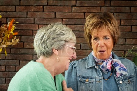 This photograph shows two senior women mid-conversation, capturing a moment of laughter from the woman in the green cardigan and glasses, while the other, in a denim jacket adorned with a floral scarf