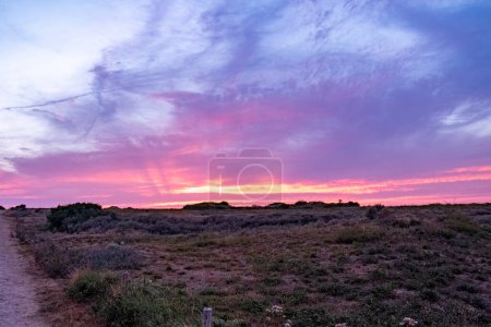 The captivating image showcases a coastal path meandering towards a striking sunset horizon. The sky is ablaze with a spectrum of colors, ranging from deep purples to fiery pinks and oranges