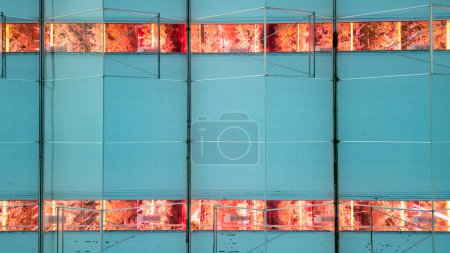 This image artfully captures the glowing LED panels within a vertical farming structure, set against the cool blue backdrop of the greenhouse walls. The striking visual contrast illustrates the blend