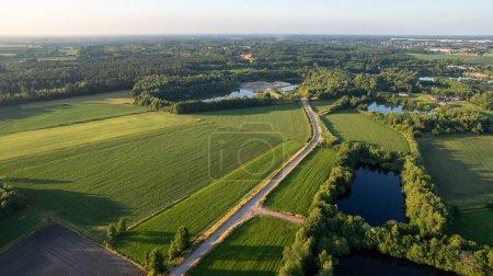 Esta imagen aérea muestra un extenso paisaje rural durante la hora dorada, con el bajo ángulo de la luz solar que arroja un cálido resplandor sobre la escena. La composición divide el marco en un mosaico