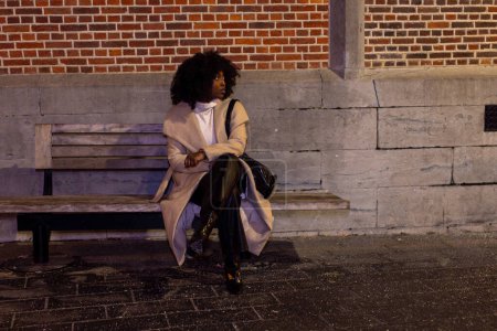 Esta imagen evocadora muestra a una mujer sentada sola en un banco sobre un fondo de pared de ladrillo, su figura bañada en el sutil resplandor de la luz de la noche. Ella encarna un momento de quietud en las ciudades