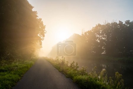 The image portrays a secluded pathway alongside a river, with a radiant sunburst piercing through the morning mist, casting a diffused light across the scene. The path leads toward the luminous