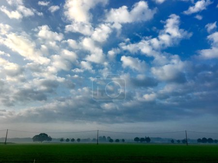 Une scène matinale où un ciel bleu avec des nuages épars et pelucheux s'étend sur un paysage couvert de brume. Des silhouettes d'arbres émergent au loin, avec un soupçon de verdure au bord des champs