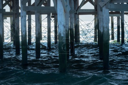 This image offers a serene yet powerful view beneath a pier, where sunlight dances on the seas surface beyond the sturdy, barnacle-clad pillars, casting deep shadows and highlighting the textures of