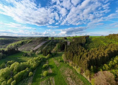 This aerial image captures the diverse landscape of Hautes Fagnes, where expansive mixed forests meet vibrant green fields under a dynamic sky. The patchwork of natural habitats creates a visually
