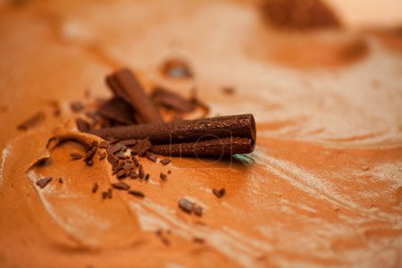 Foto de primer plano de un delicioso postre de chocolate con virutas de chocolate negro, perfecto para cualquier amante del postre
