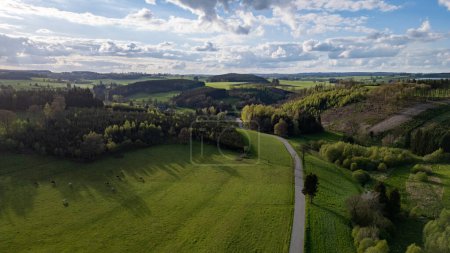 This aerial image features a picturesque landscape of rolling hills covered in lush greenery, intersected by a winding road that stretches through the scene. The hills are dotted with patches of