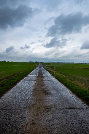 A wet, paved road stretches into the distance amidst fields beneath a cloudy sky, creating a moody atmosphere