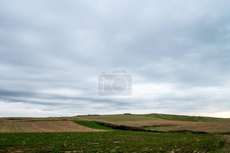 A rural scene with farmland under a cloudy sky, showcasing the beauty of nature and agriculture in a serene setting