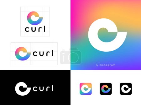 Curl logo. C monogram as spiral shape. Identity, corporate style, app button set. Rainbow background.