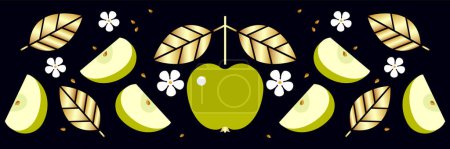 Ilustración de Manzana, hojas doradas y flores pequeñas sobre fondo negro. Frontera o friso. Frutas frescas. - Imagen libre de derechos