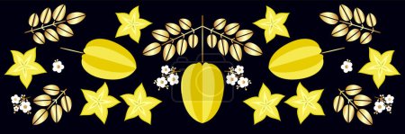 Ilustración de Fruta estrella o carambola, hojas doradas y pequeñas flores sobre fondo negro. Frontera o friso. Frutas frescas. - Imagen libre de derechos