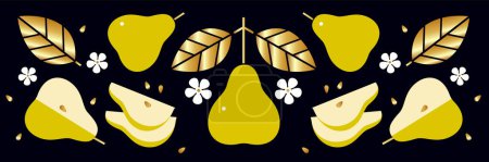 Ilustración de Peras, hojas doradas y pequeñas flores sobre fondo negro. Frontera o friso. Frutas frescas. - Imagen libre de derechos