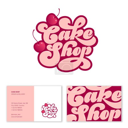 Illustration for Cake Shop logo. Beautiful lettering. Glossy caramel letters and cherry. Calligraphy. Business card. - Royalty Free Image