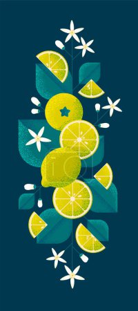 Ripe Lemons with leaves and flowers. Illustration with grain and noise texture. 