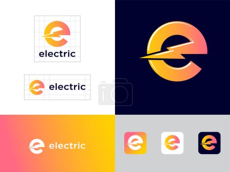 Illustration for Electric Industrial icon. Power industry symbol. Yellow E letter with lightning. - Royalty Free Image
