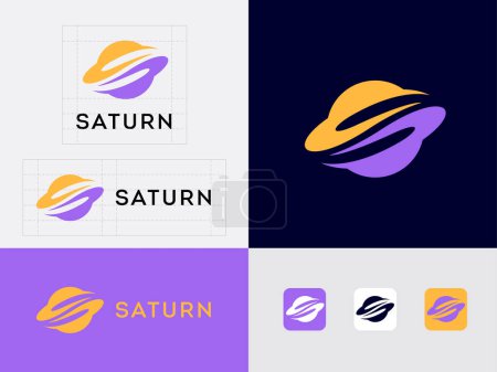 Illustration for Planet logo. Saturn planet emblem. Sphere with ring. Identity, corporate style, app button set. - Royalty Free Image