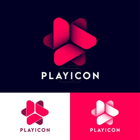 Play icon. Red elements in the form of rotating bended ribbons or paper strips as arrow. 