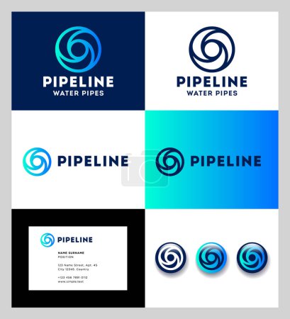 Vortex logo. Blue circle consists of three elements. Whirlpool icon Identity, corporate style. Business card and app buttons.