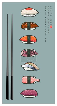 Japanese Nigiri Sushi with chopsticks. Rice and fresh fish and seafood. Icon set with English text like of Japanese characters.