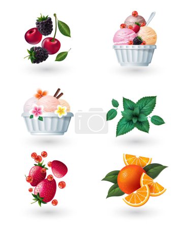 Ensemble d'icônes de la nourriture d'été. Crème glacée, fruits et baies. Illustration de dessert frais.