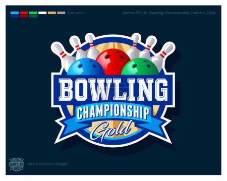 Bowling Championship logo. Bowling emblem. Bowling balls and skittles in the circle with ribbon. Identity and app icon.